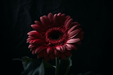 A dark background hosts baroque flowers in deep rich tones with a gerbera daisy. Generative AI