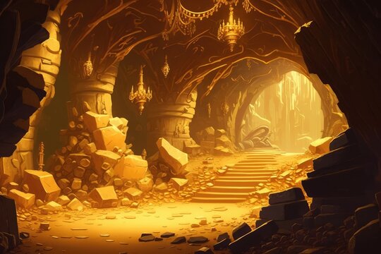 Fantasy world of gold mine or old treasure cave. distinct generative AI image.