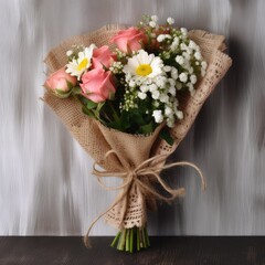 Rustic bouquet with burlap and lace accents. Mother's Day Flowers Design concept.