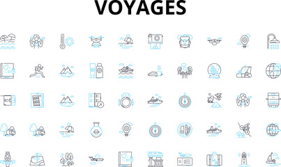 Voyages linear icons set. Adventure, Exploration, Discover, Escape, Journey, Odyssey, Expedition vector symbols and line concept signs. Safari,Trek,Navigation illustration