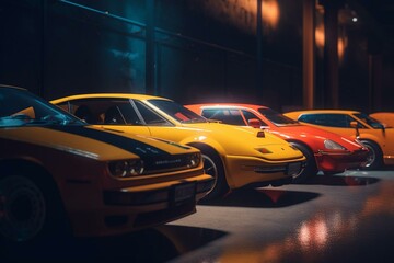 Fototapeta na wymiar A collection of sports cars in various colors, including a luxury golden and neon car, presented in a wallpaper concept for a new car launch. Generative AI