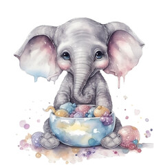 Funny elephant, soap bubbles, watercolor illustration, transparent background.