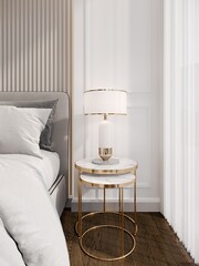 3D rendering  close up  of  night table or bedside table  with modern bed