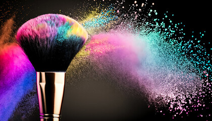 Colorful Powder Explosion with Make-Up Brush on Black Background,  AI Generative Illustration 