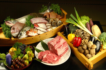 新鮮な肉・魚介類・野菜・果物｜食材の集合写真 - obrazy, fototapety, plakaty