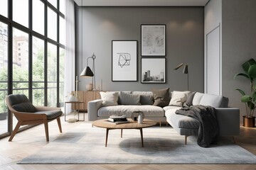 Naklejka na ściany i meble Modern chic living room with gray couch. Generative AI