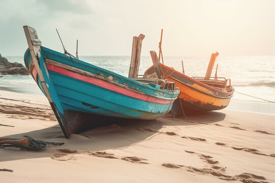 A watercolor painting of three vibrant fishing boats on a sandy beach. Generative AI