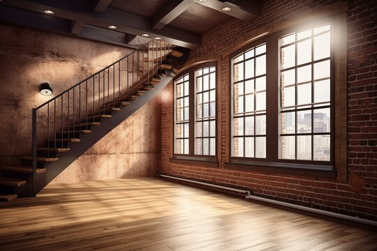 Stair in loft with wooden floor, arched windows & brick wall. 3D artwork. Generative AI