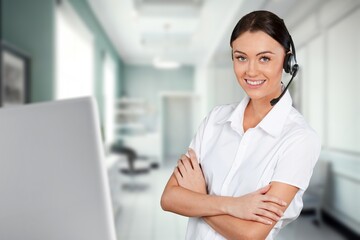 Call center female worker with headset