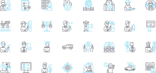 Employment strategy linear icons set. Recruitment, Retention, Talent, Culture, Succession, Diversity, Inclusion line vector and concept signs. Innovation,Engagement,Performance outline illustrations