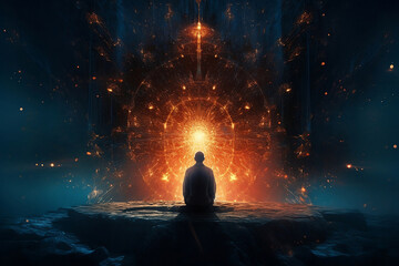 A man in meditation in front of an explosion with a light shining before him, Universe, cosmos. Meditation background, chakras, prana, the mind of God and spirituality. Generative AI