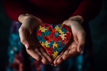 Fototapeta premium International autism day concept. Woman holding heart shape symbol made from colorful puzzle pattern pieces. Generative AI