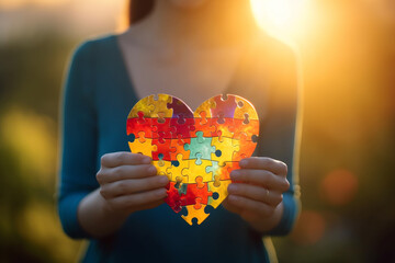 International autism day concept. Woman holding heart shape symbol made from colorful puzzle pattern pieces. Generative AI
