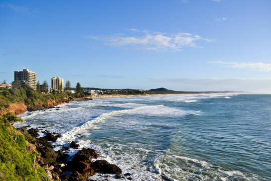 Coastline with Surf Beach, Hills and Holiday Destinations  at Coolum, Sunshine Coast, Queensland, Australia.