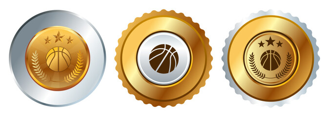 Basketball basket ball medal gold silver round shape competition tournament winner medallion graphic set