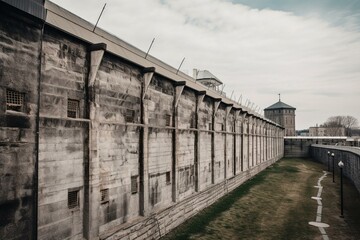 Fototapeta na wymiar Rear view of Kingston Penitentiary's walls, spikes, and lookout with no one. Generative AI