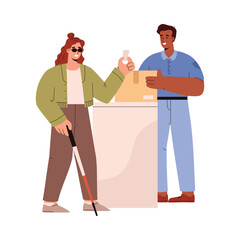 Blind or visually impaired woman getting a parcel, vector illustration isolated.