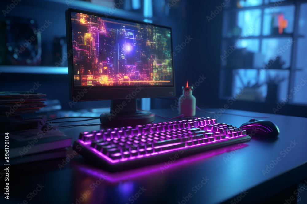 Poster computer monitor and keyboard digital hacker's workspace with neon keyboard, generative ai