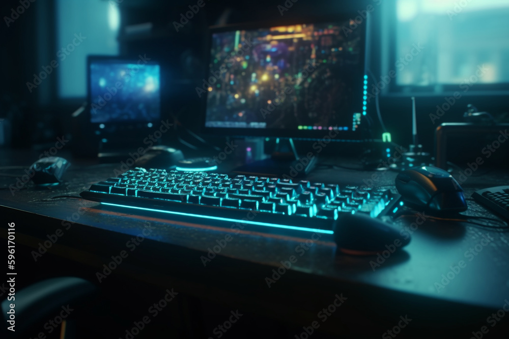 Poster digital hacker's workspace with neon keyboard, generative ai