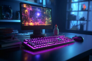 computer monitor and keyboard digital hacker's workspace with neon keyboard,  Generative AI	