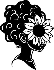 Beautiful african american woman silhouette with curly afro hairstyle and sunflower. Cartoon style. Isolated on white background. Vector illustration for beauty salons, posters, and social media.