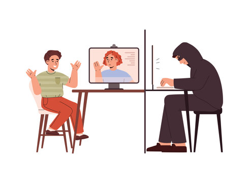 Intruder or attacker communicates with child on the Internet, flat vector isolated.