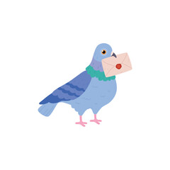 Cute pigeon holding letter in envelope, cartoon flat vector illustration isolated on white background.