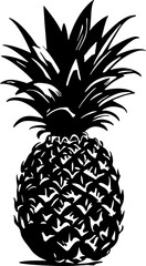 Pineapple-summer and tropical fruit. Black sketch silhouette. Hand drawing, black and white illustration. Vector on white isolated background. Good for packaging, logo, and decor.