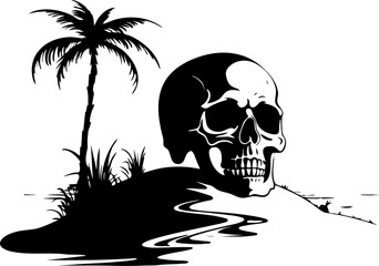 Skull on the beach, palm tree, summer vacation. Black and white illustration. Vector on white isolated background. Good for packaging, logo, and decor.