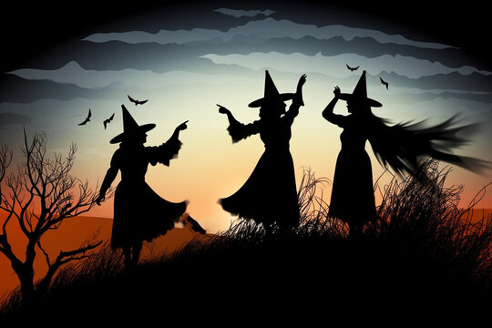 A group of witches as black silhouettes dance at night in the light of the full moon