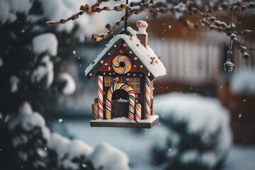 Christmas birdhouse on candy cane hanger in snowy outdoors. Generative AI