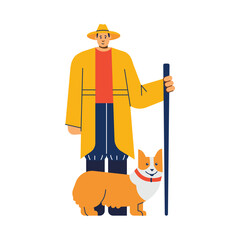 Shepherd with corgi dog characters on pasture, flat vector illustration isolated.