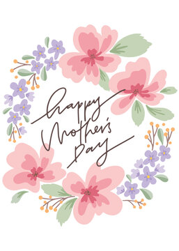 Happy Mother's Day Lettering Floral Wreath vector illustration