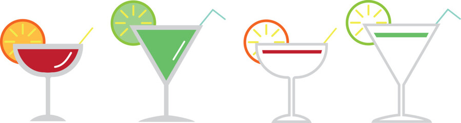 Margarita cocktail icon. Cocktail margarita glass icons set. Line and flat icon
