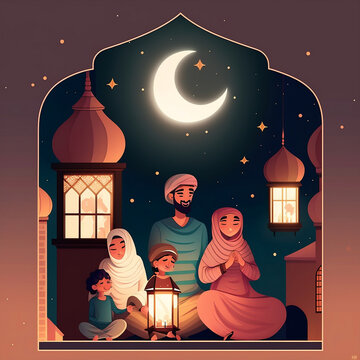 A magical Eid Mubarak vector illustration with a family on a rooftop, looking at the stars, a crescent moon shining bright, lanterns hanging from the ceiling, traditional music playing softly in the b