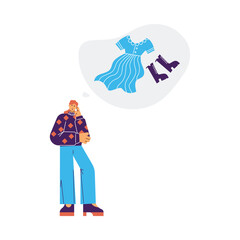 Standing fashionable woman dreaming about new clothes flat style