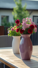 Bouquet of summer flowers in ceramic vase on table on terrace. Fresh Field flowers in vase. Cozy home decor of patio yard. Still life. Women day or wedding concept. festive background, 9:16 generative