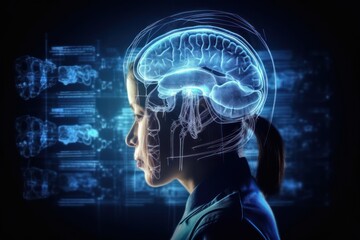 Side view of woman with brain and medicine interface on background. Generative AI