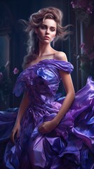 Fototapeta na wymiar Beautiful young woman in a long purple dress. Studio shot. Generative AI