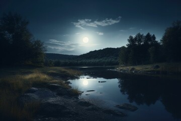 Tranquil landscape in moonlight amidst stunning natural surroundings. Generative AI