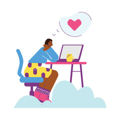 Woman sitting on workplace and dreaming about love flat style