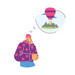 Woman dreaming about traveling flat vector hand drawn illustration isolated.