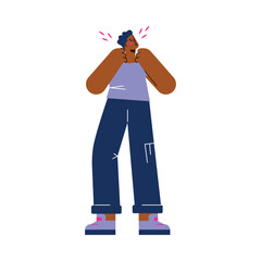 Man suffering from allergy symptoms - cough and rhinitis, flat vector illustration isolated on white background.