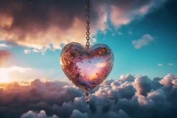 Fototapeta na wymiar A stunning heart-shaped object suspended in the colorful clouds above. Generative AI