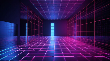A dark room with a purple floor and a neon light. Generative ai