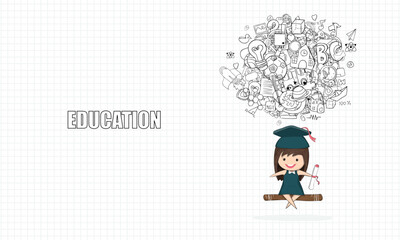 Girl graduated pupils swinging on a back of school, drawing by hand vector