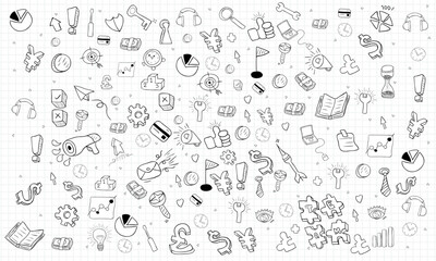 Happy face businessman hello business doodles objects background. a concept Business success and hero and exercise vector