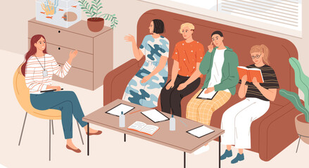 Woman talking to group of young people sitting on couch.