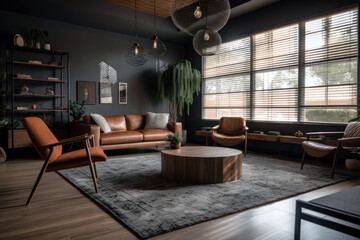 Fototapeta na wymiar Μodern design living room interior. Comfortable furniture, glass windows. AI generative