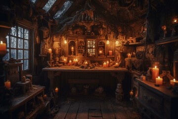 Fototapeta na wymiar Candlelit fantasy witch house with magic potions and spells. Generative AI